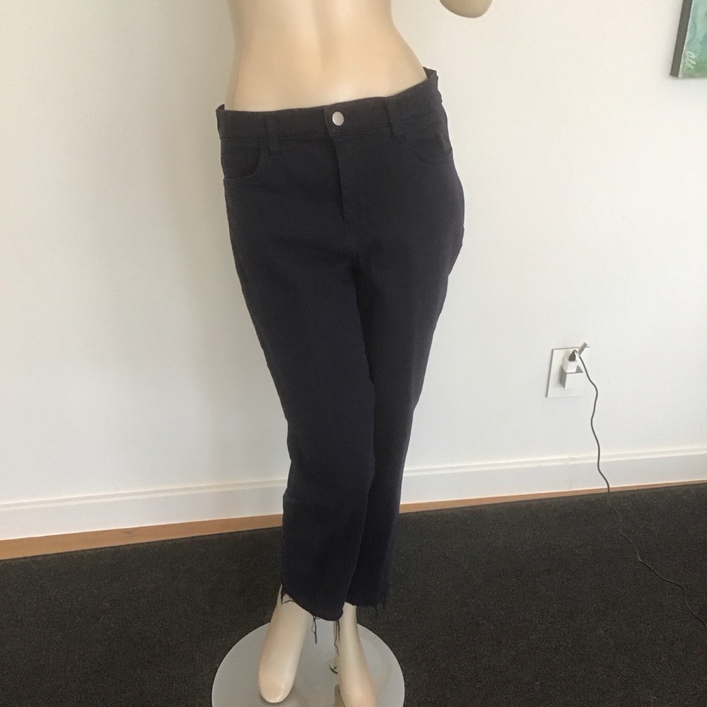L'Agence Sada Cropped High Rise Raw Hem‎ Navy Oxford Wash Stretch Denim Jeans 29